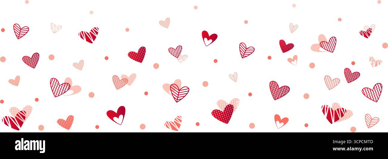 Fond cœurs tombant ci-dessous, confettis décoratifs rouges et roses avec différents motifs. La partie supérieure est libre et pratique pour ajouter du texte Illustration de Vecteur
