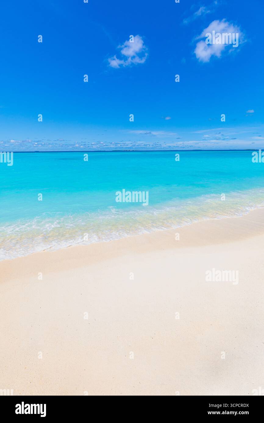 Paysage de plage d'été ensoleillé avec un ciel de sable de mer en gros plan relaxant créant une scène côtière tranquille avec une lumière vive d'eau calme et une beauté naturelle Banque D'Images