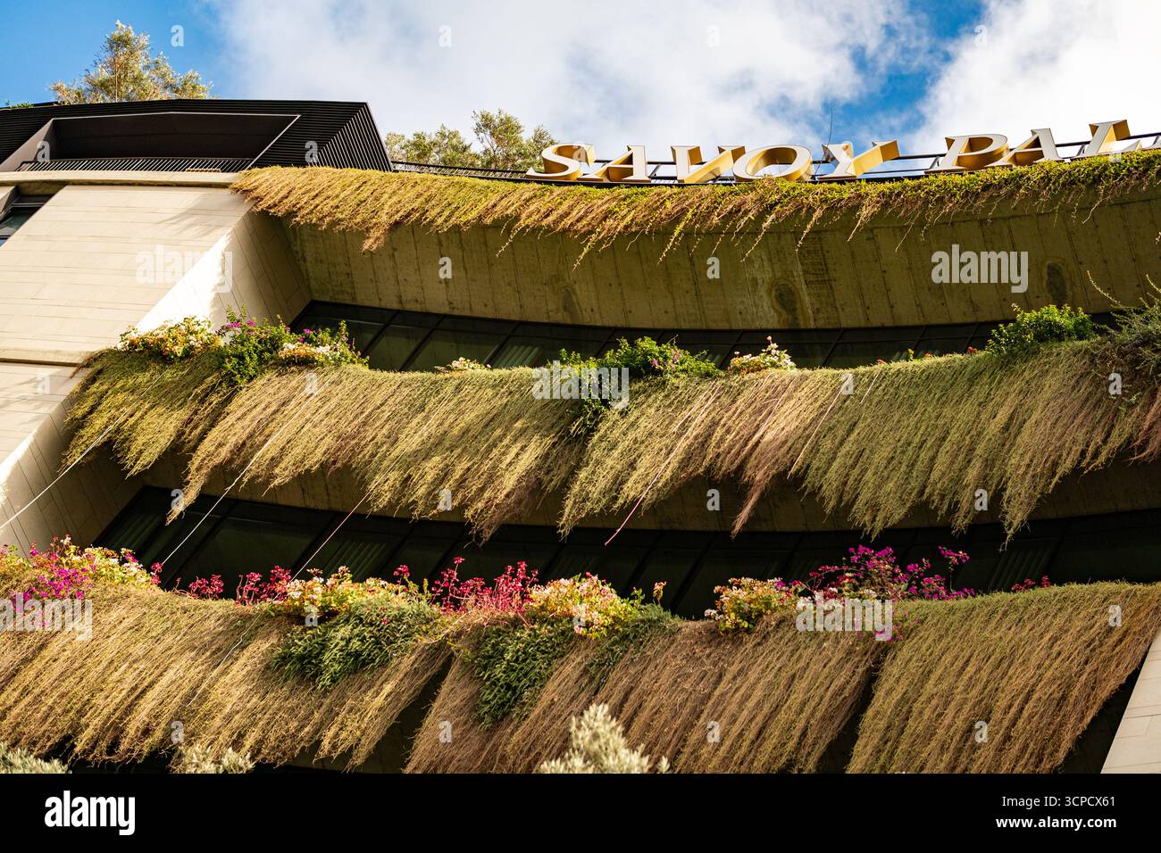 L'hôtel Savoy Bali présente son architecture moderne ornée de vastes jardins verticaux et de plantes suspendues, créant une façade luxuriante et verte avec Banque D'Images