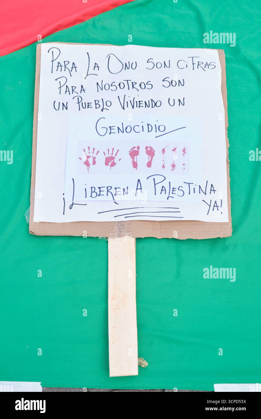 Buenos Aires, Argentine ; 23 septembre 2025 : affiche pour la défense des Palestiniens : pour l'ONU, ce ne sont que des chiffres, mais pour nous, ce sont des témoins Banque D'Images