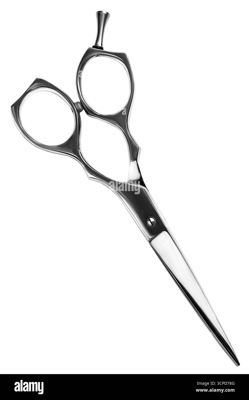 Ciseaux de coupe de cheveux en acier inoxydable isolés sur fond blanc Banque D'Images