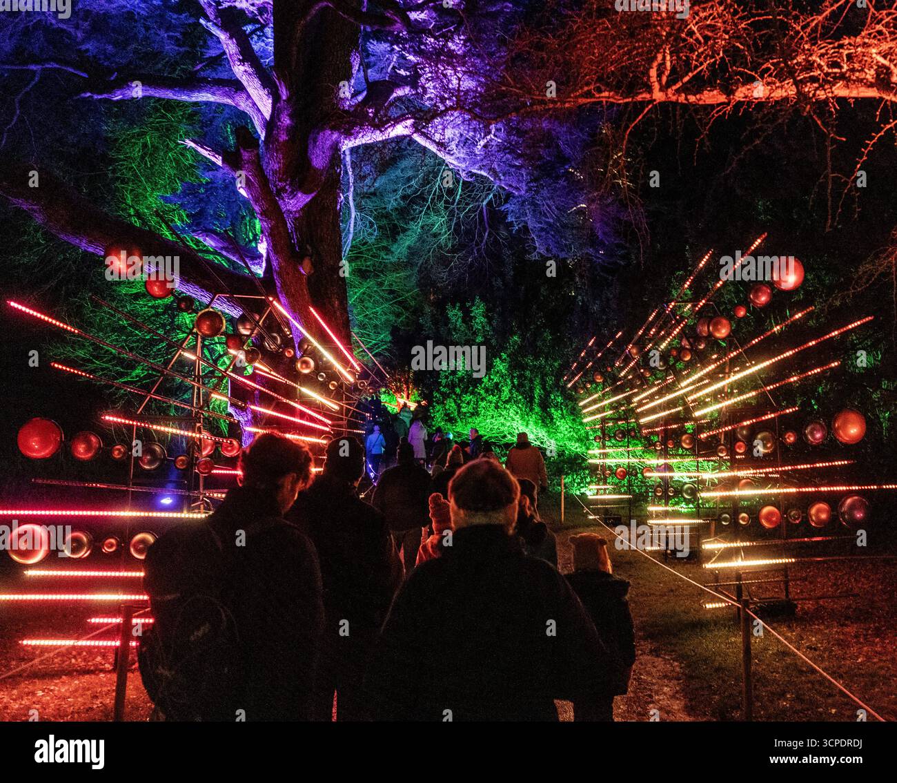 Visiteurs au spectacle de lumières de Noël dans le parc du palais de Blenheim, décembre 2023 Banque D'Images