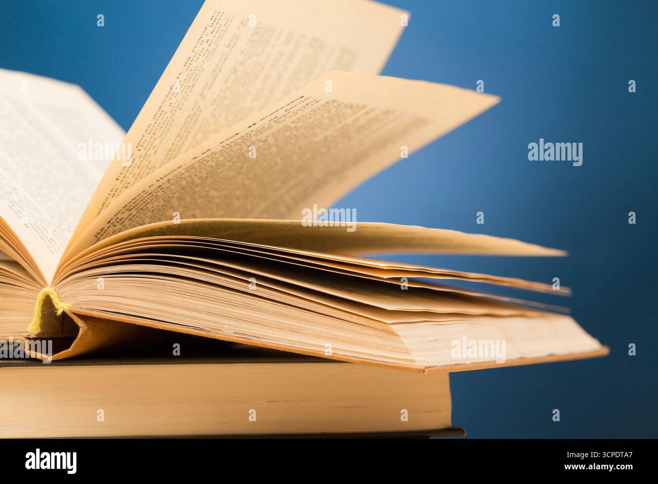 Livre ouvert reposant sur une surface en bois avec des pages flottant dans une lumière douce Banque D'Images