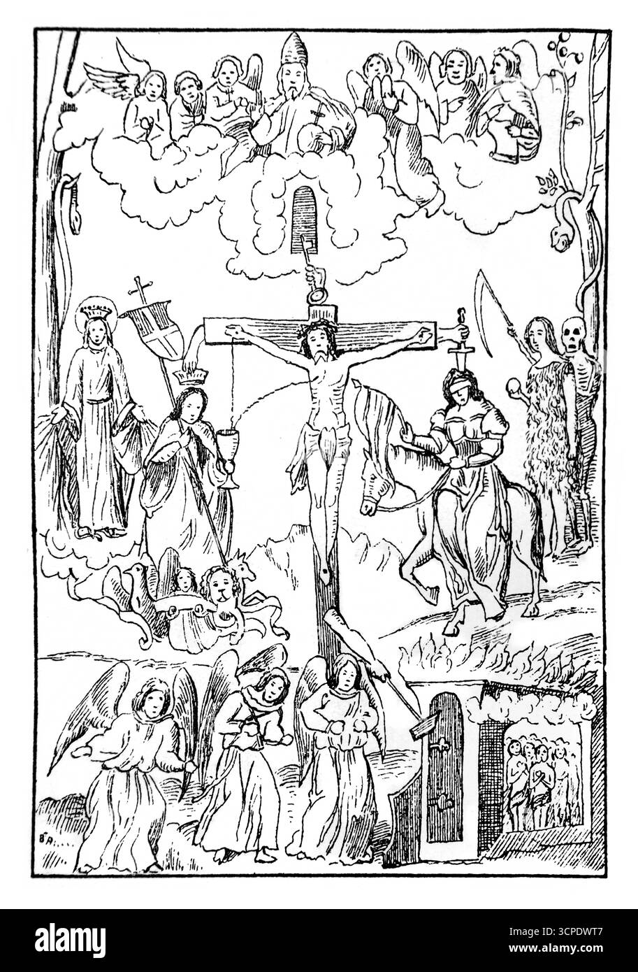 Croquis d'une fresque allégorique à Prunecken (Tyrol) début du XVIe siècle - Jésus Christ sur la Croix avec Ève et la mort à droite et un Blindfol Banque D'Images