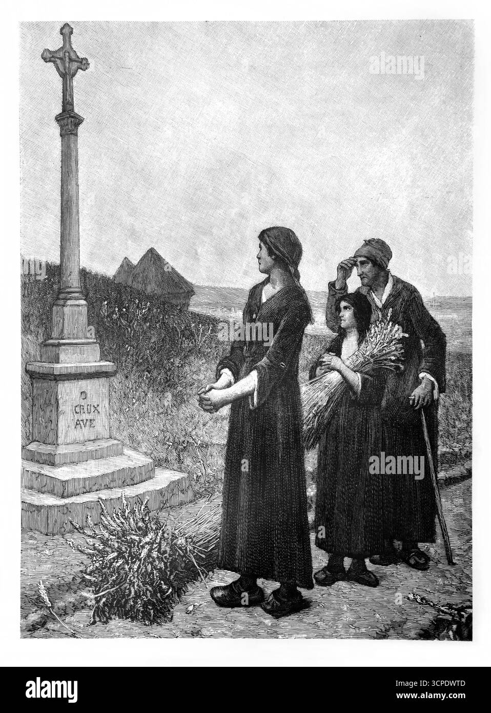 Illustration d'un arrêt après le travail au pied d'un tableau de crucifix de désir Laugce tiré d'une édition de 1902 du Crucifix sans l'Historie, sans l'Art san Banque D'Images