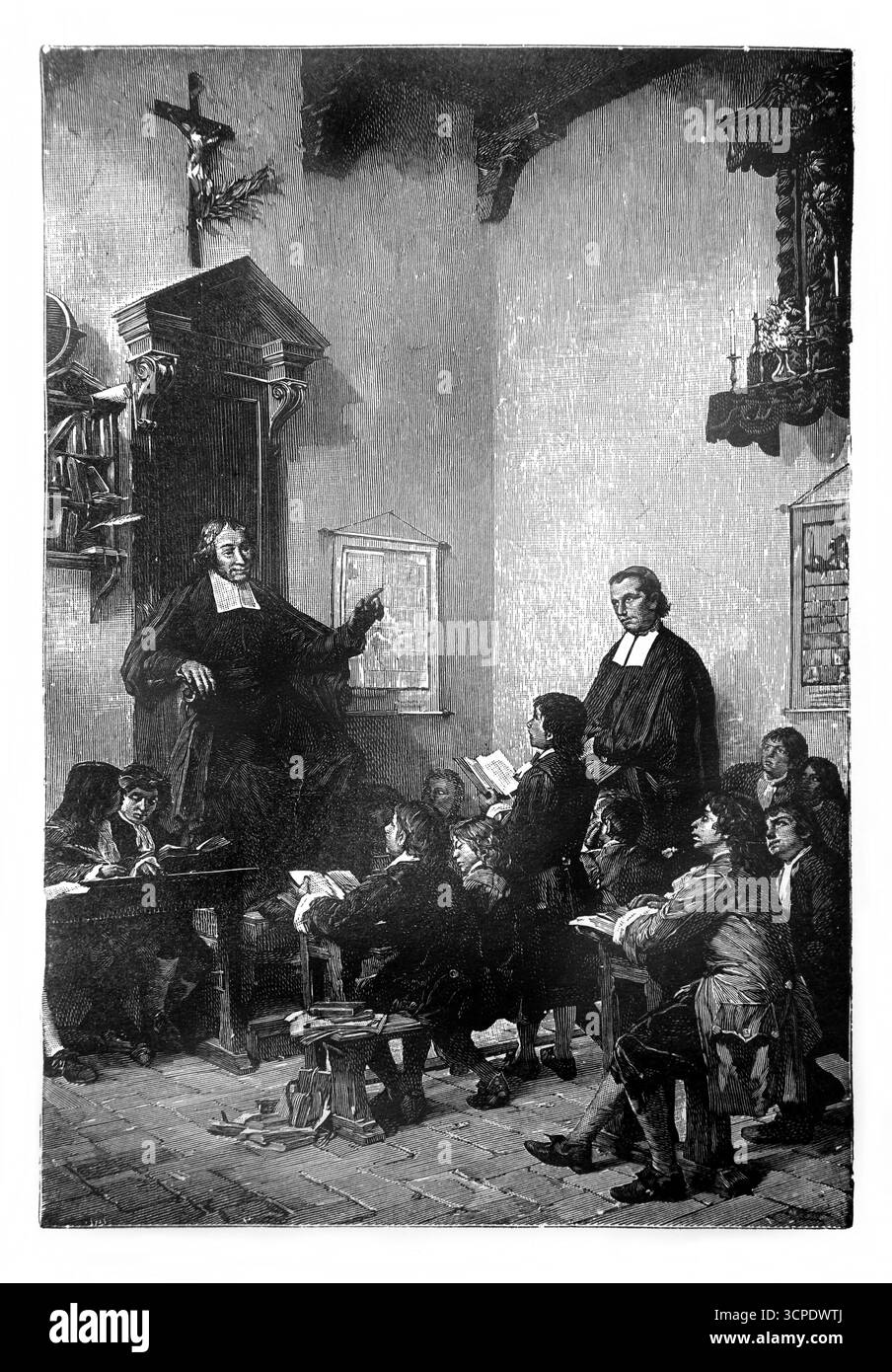 Illustration du bienheureux Jean-Baptiste de la salle enseignant à l'école avec le crucifix sur le mur d'après la peinture de Mariani présentée à son holi Banque D'Images