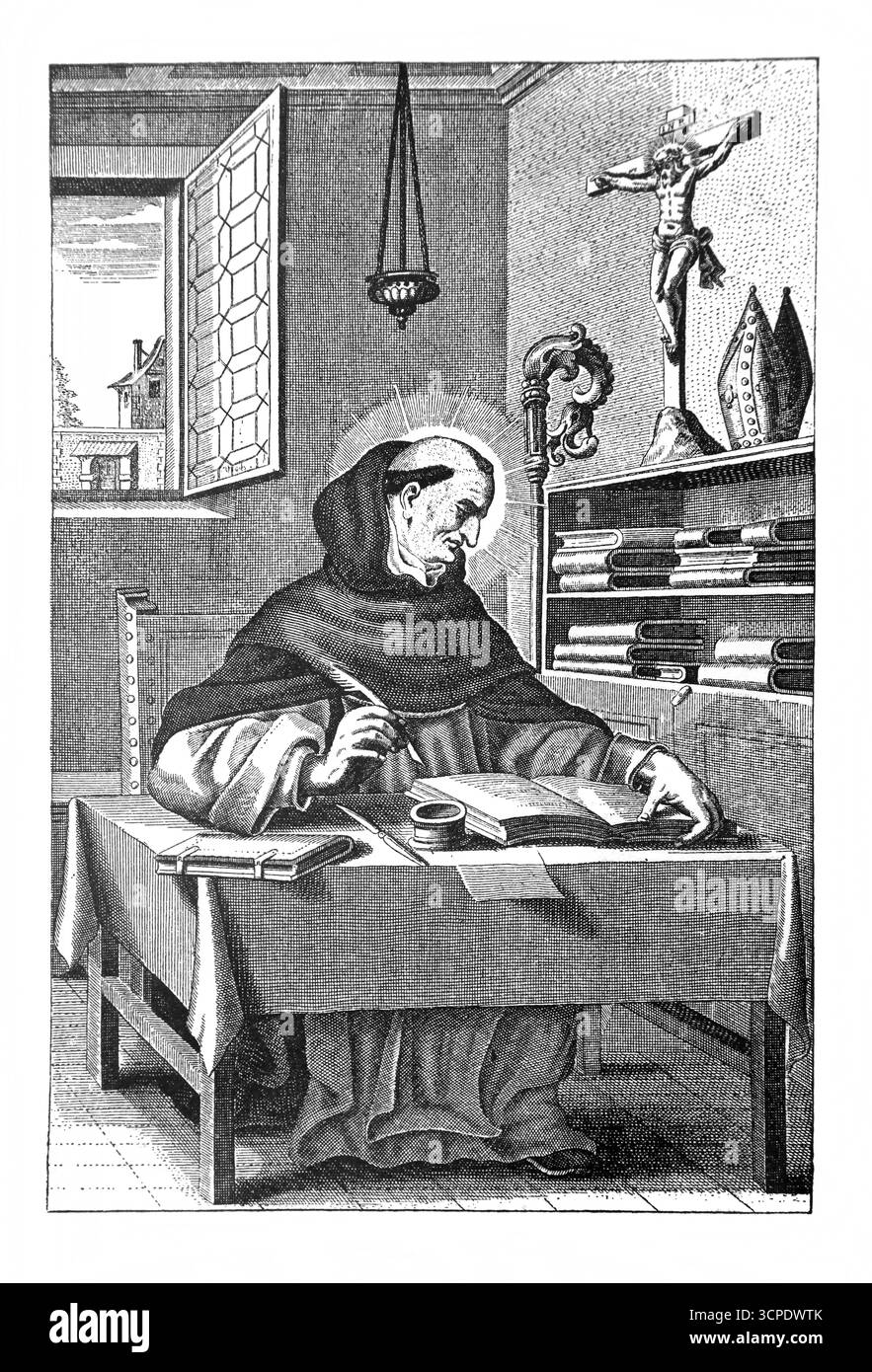 Illustration du bienheureux albert le Grand compose au pied du Crucifix du XVIe siècle gravure d'après une édition de 1902 du Crucifix sans l'His Banque D'Images