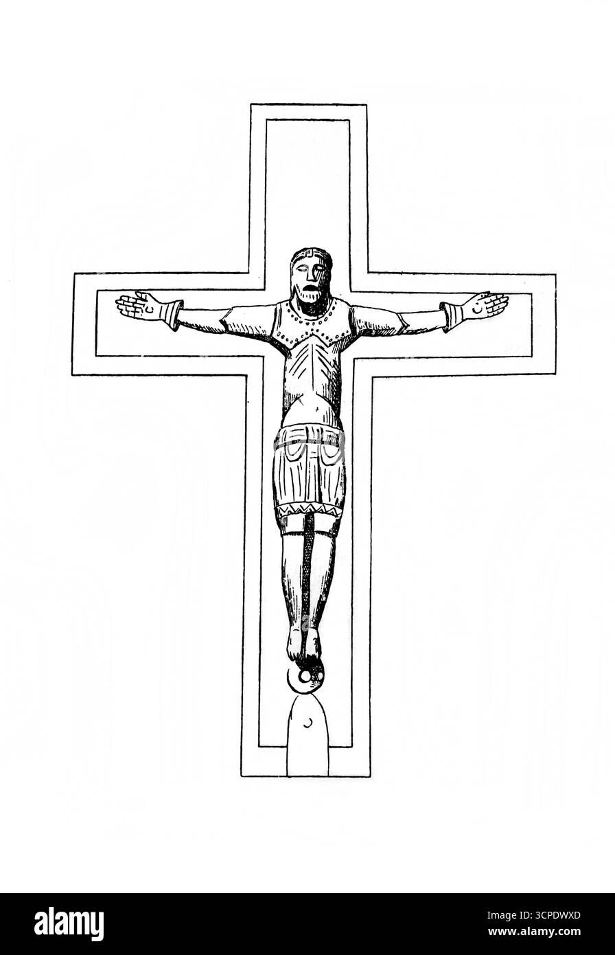 Illustration du Christ en croix vêtu d'armure du XIIIe siècle appartient à la collection de M.Augier issue d'une édition de 1902 du Crucifix sans l'His Banque D'Images