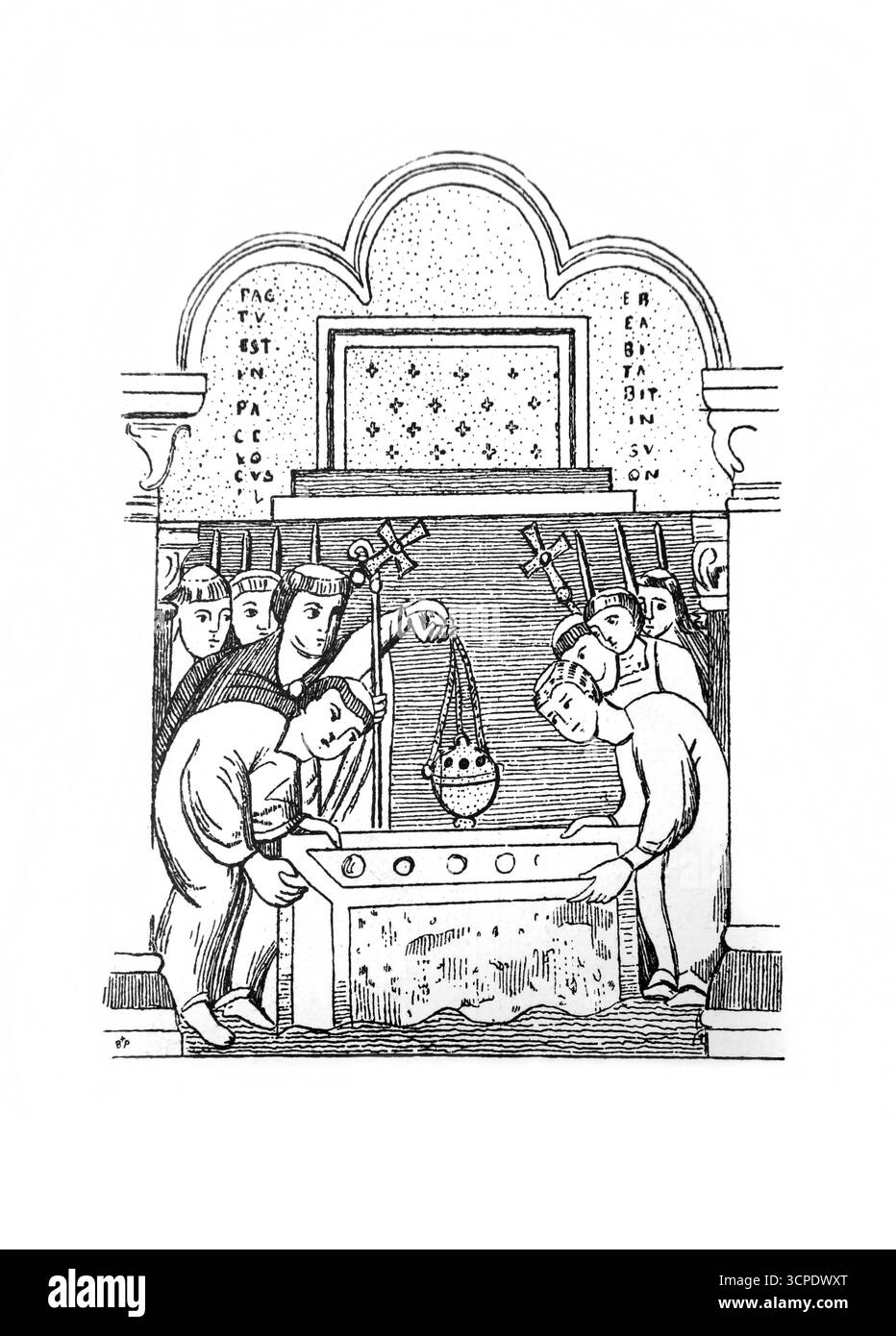 Illustration du prêtre bénissant la maison finale avec encens et croix miniature du 10ème siècle de Brême livre gospel d'une édition de 1902 de le Banque D'Images