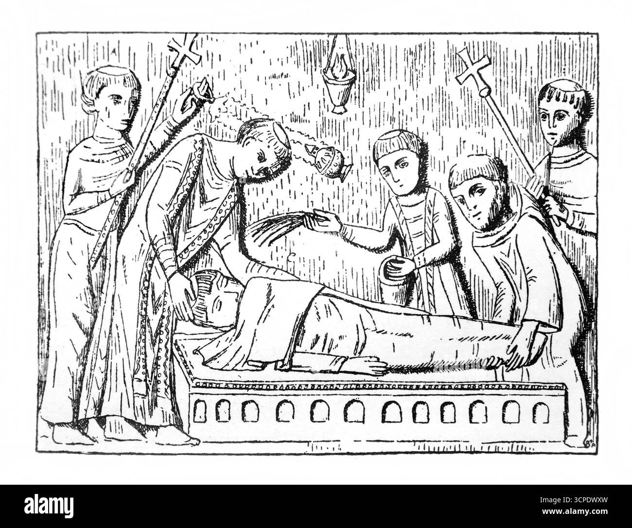 Illustration des derniers devoirs rendus à Saint Hidulphe avec de l'eau Sainte la croix et l'encens de la messe de Rohault de Fleury d'une édition de 1902 du Crucifix sans l'Historie, sans l'Art sans l'AME des Saints et sans notre vie (le Crucifix dans l'histoire, dans l'art, dans les âmes des Saints et dans nos vies) de J.Hoppenol Banque D'Images