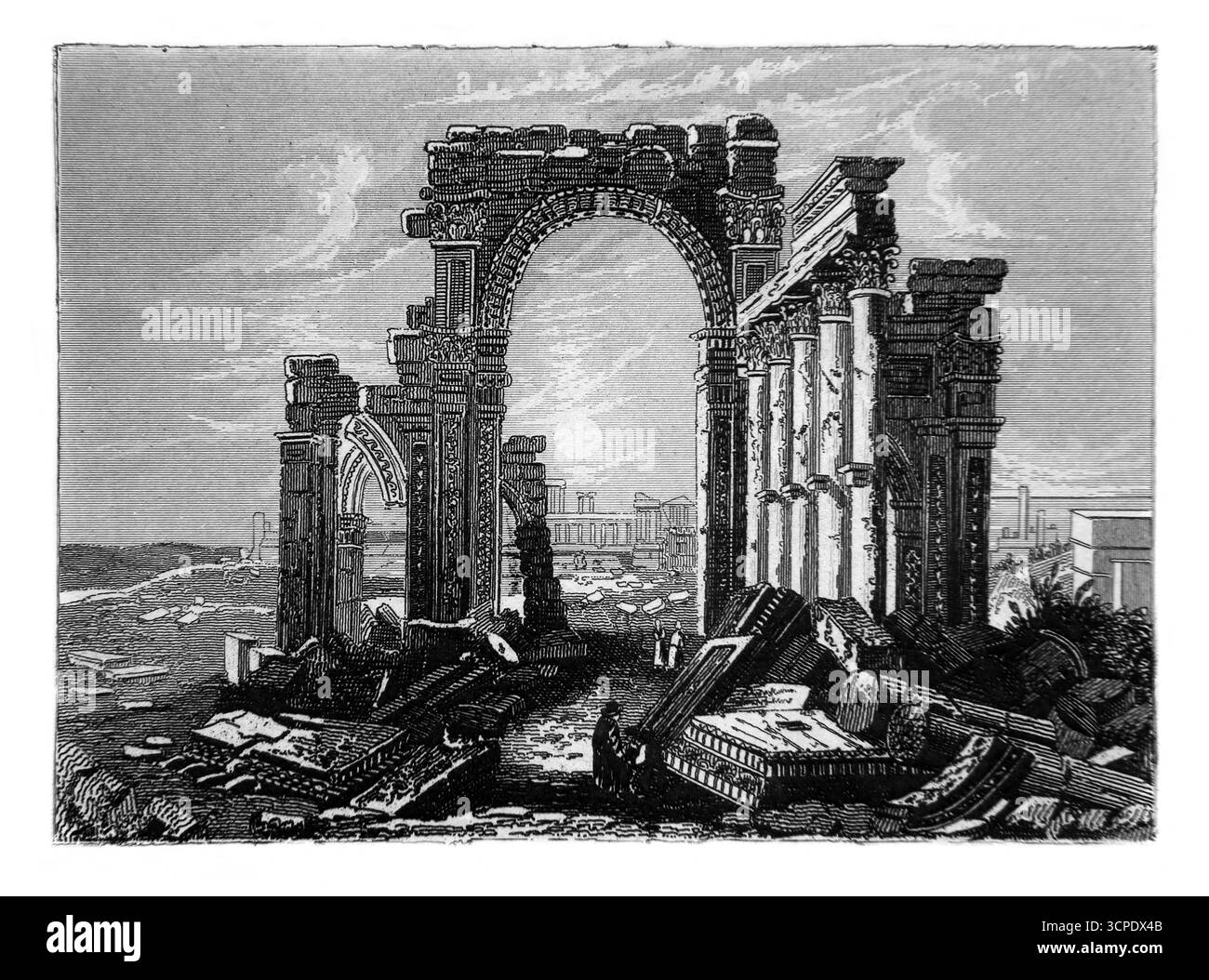 Gravure du XIXe siècle (1851) des ruines de l'Arc monumental et de la Colonnade à Palmyre (détruite par Isis en 2015) Banque D'Images