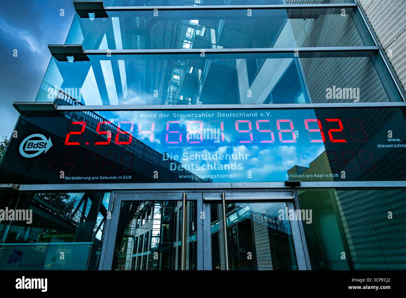 Gros plan de l’horloge de la dette allemande (Schuldenuhr) par l’Association des contribuables montrant la dette nationale en temps réel à Berlin Banque D'Images
