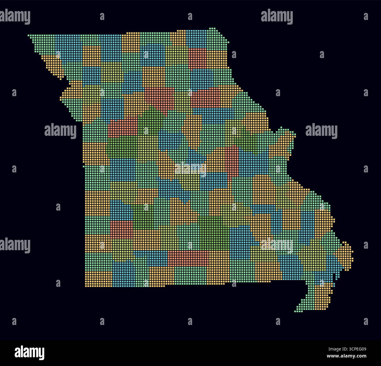 Carte en pointillés du Missouri. Carte de style numérique de l'état sur fond sombre. Forme Missouri avec points carrés. Style de points colorés. Carrés de petite taille. Illustration de Vecteur