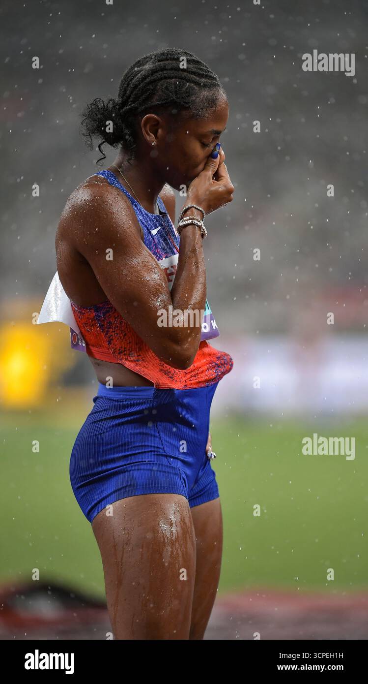 Melissa Jefferson-Wooden, des États-Unis, en compétition dans la finale de la course de relais féminine 4x100m aux Championnats du monde d’athlétisme Tokyo 2025 au National Stadi Banque D'Images