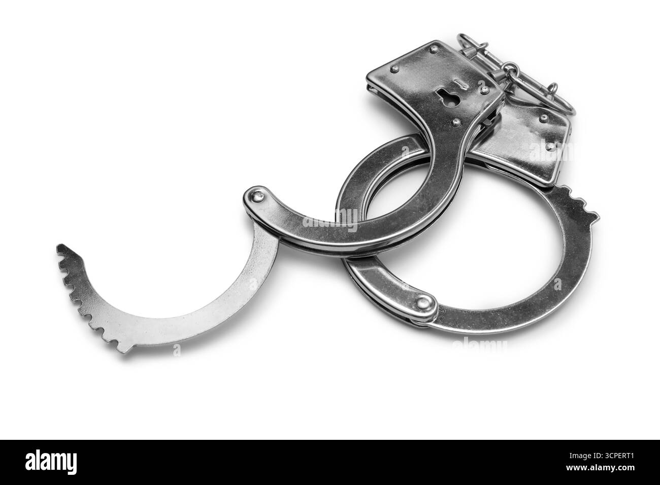 Menottes métalliques sur fond gris, gros plan Banque D'Images