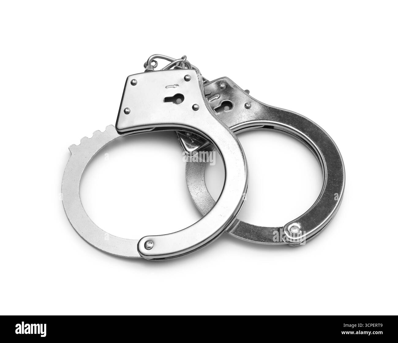 Menottes métalliques sur fond gris, gros plan Banque D'Images