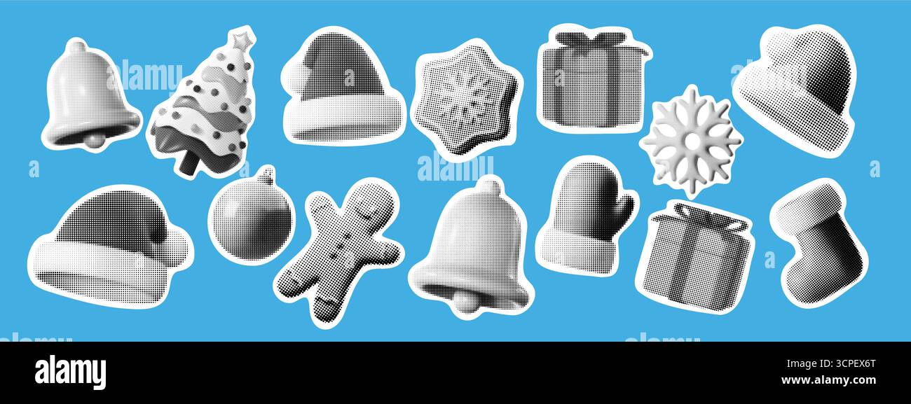 Icônes de Noël rétro 3D avec texture demi-teinte. Ensemble festif de symboles de Noël, y compris arbre, cloche, mitaines, chapeau, flocon de neige, cadeau et bas. Vintage Illustration de Vecteur