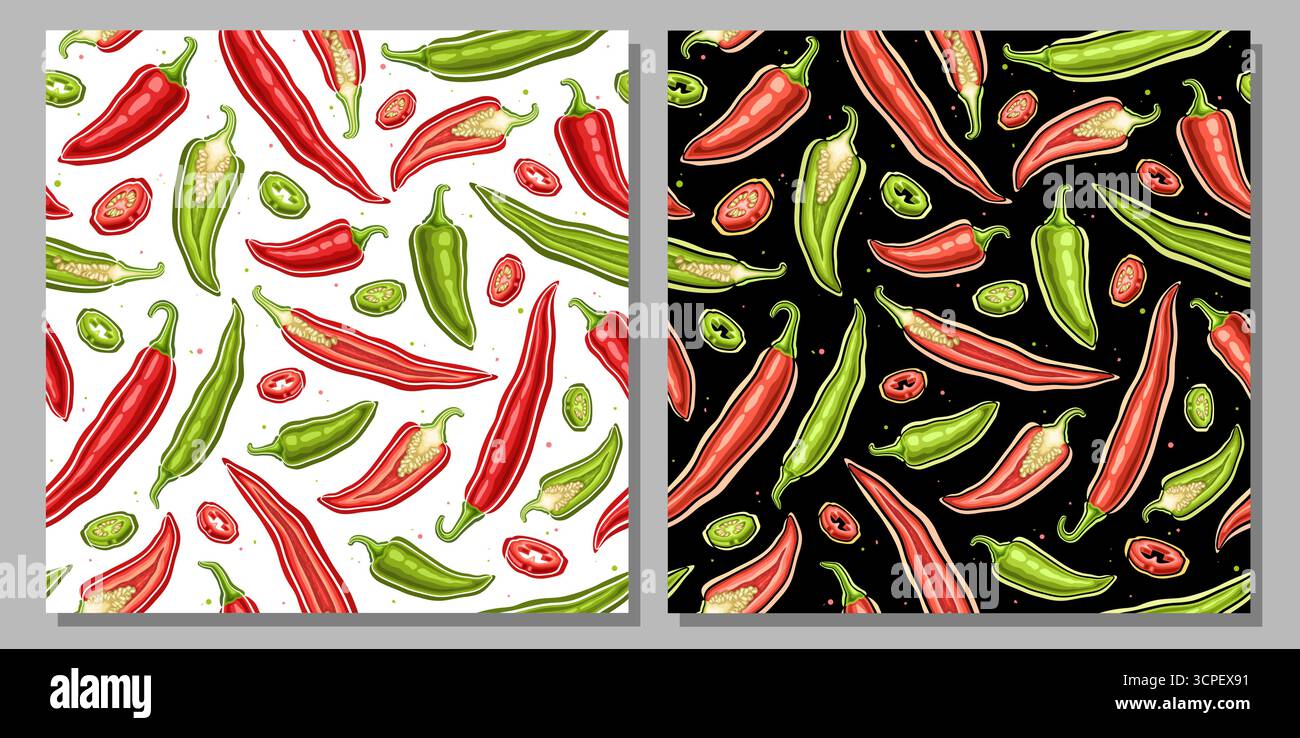 Vector Chili Pepper Seamless pattern, deux arrière-plans avec illustration du Chili entier volant et transversal pour nappe, affiche carrée avec chaud Illustration de Vecteur
