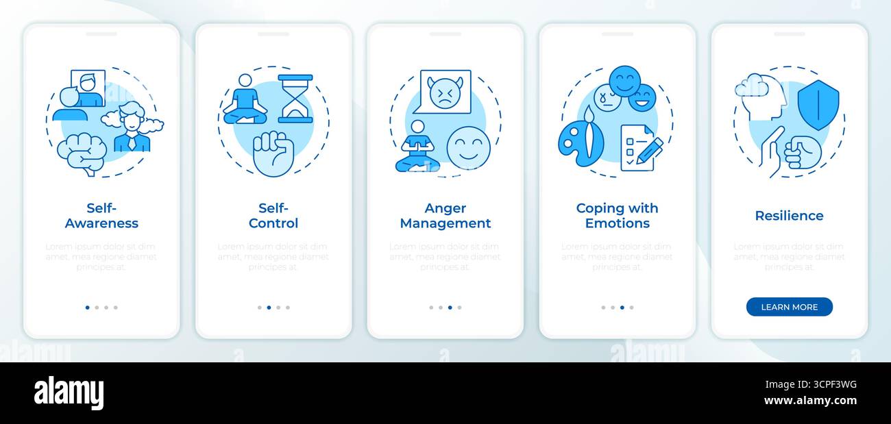 Compétences émotionnelles et d'autorégulation écran bleu de l'application mobile Onboarding Illustration de Vecteur
