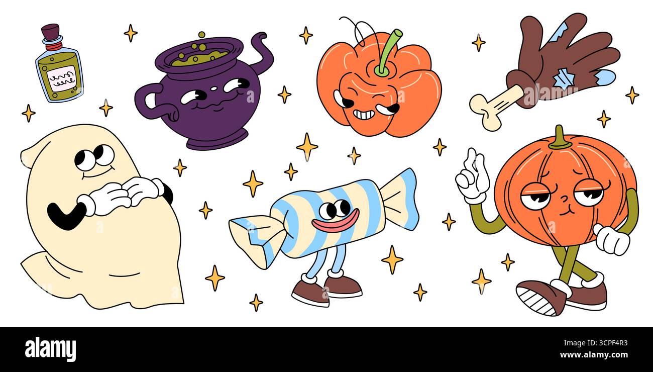 Groovy éléments de fête d'Halloween avec chaudron fantôme et sorcière, citrouilles souriantes et personnage de bonbons enveloppé avec des étoiles dorées. Bouteille de poison, main avec os et décorations saisonnières rétro effrayantes. Illustration de Vecteur
