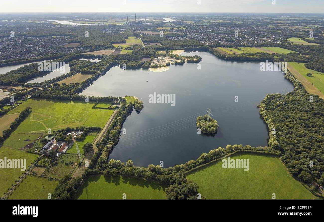 Vue aérienne, Tenderingssee et lido, graviers Huenxe, île dans le lac, Bruckhausen, Huenxe, région de la Ruhr, Rhénanie du Nord-Westphalie, Allemagne, baignade Banque D'Images