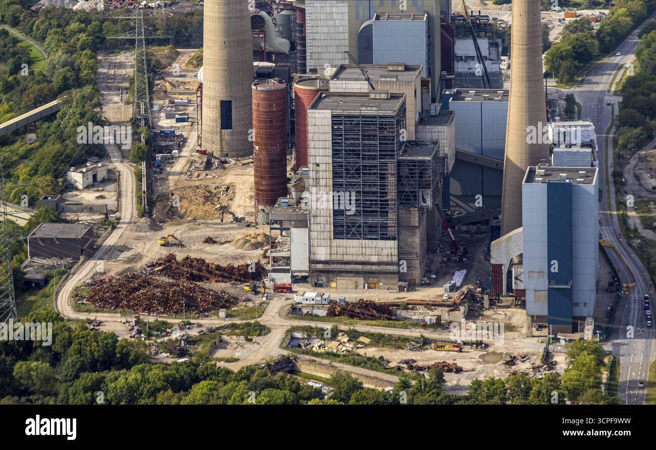 Vue aérienne, plan détaillé de la centrale électrique de Voerde et démantèlement, centrale électrique au charbon déclassée sur le Rhin, avant-pays du Rhin dans la RHI d'Orsoy Banque D'Images
