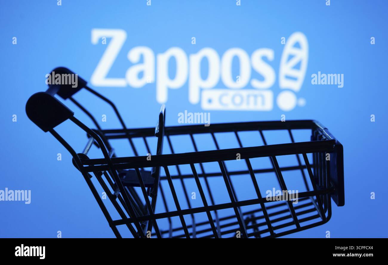 Dhaka, Bangladesh- 03 juillet 2025 : silhouette d'un panier devant le logo Zappos, symbolisant le commerce électronique et les achats en ligne Banque D'Images