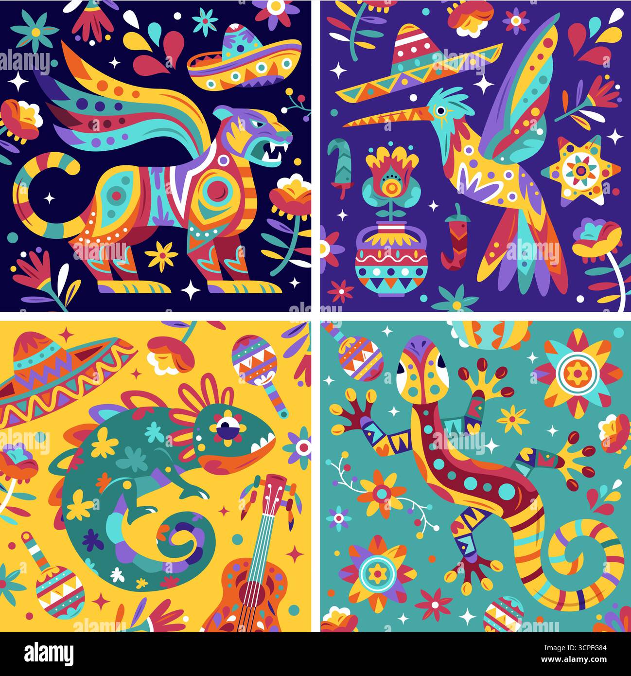 Compositions décoratives d'artisanat mexicain mettant en vedette des animaux et des symboles Illustration de Vecteur