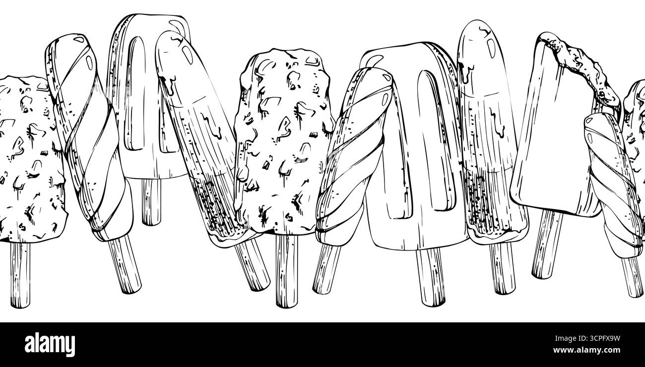 Glace à la glace, assortiment de sucettes bâtonnets de barre de glace aux noix et manteau de chocolat. Graphique vectoriel en-tête de bordure de bannière sans couture dessiné à la main à la plume et à l'encre Illustration de Vecteur