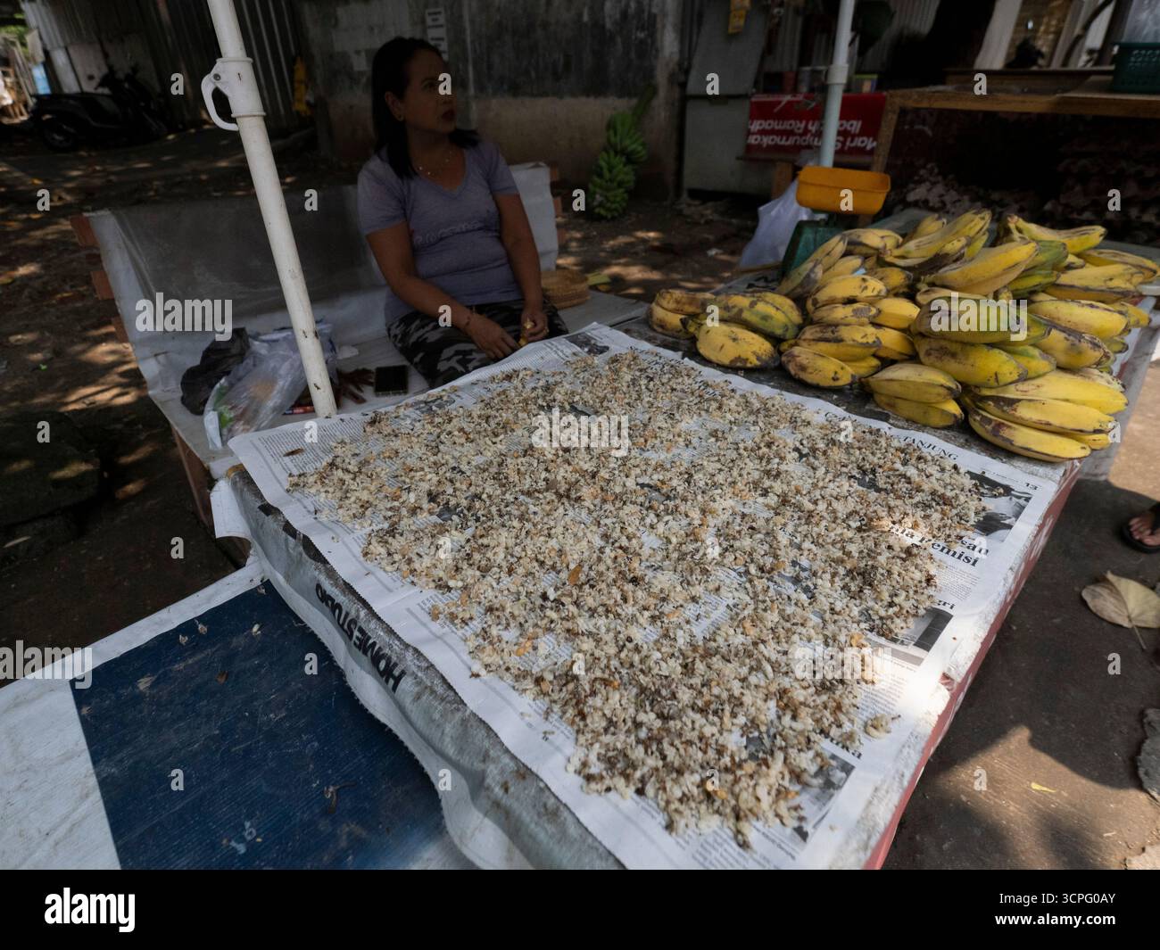 Femme locale vendant des larves de fourmis au marché local, pour la nourriture pour oiseaux, Bali, Indonésie Banque D'Images