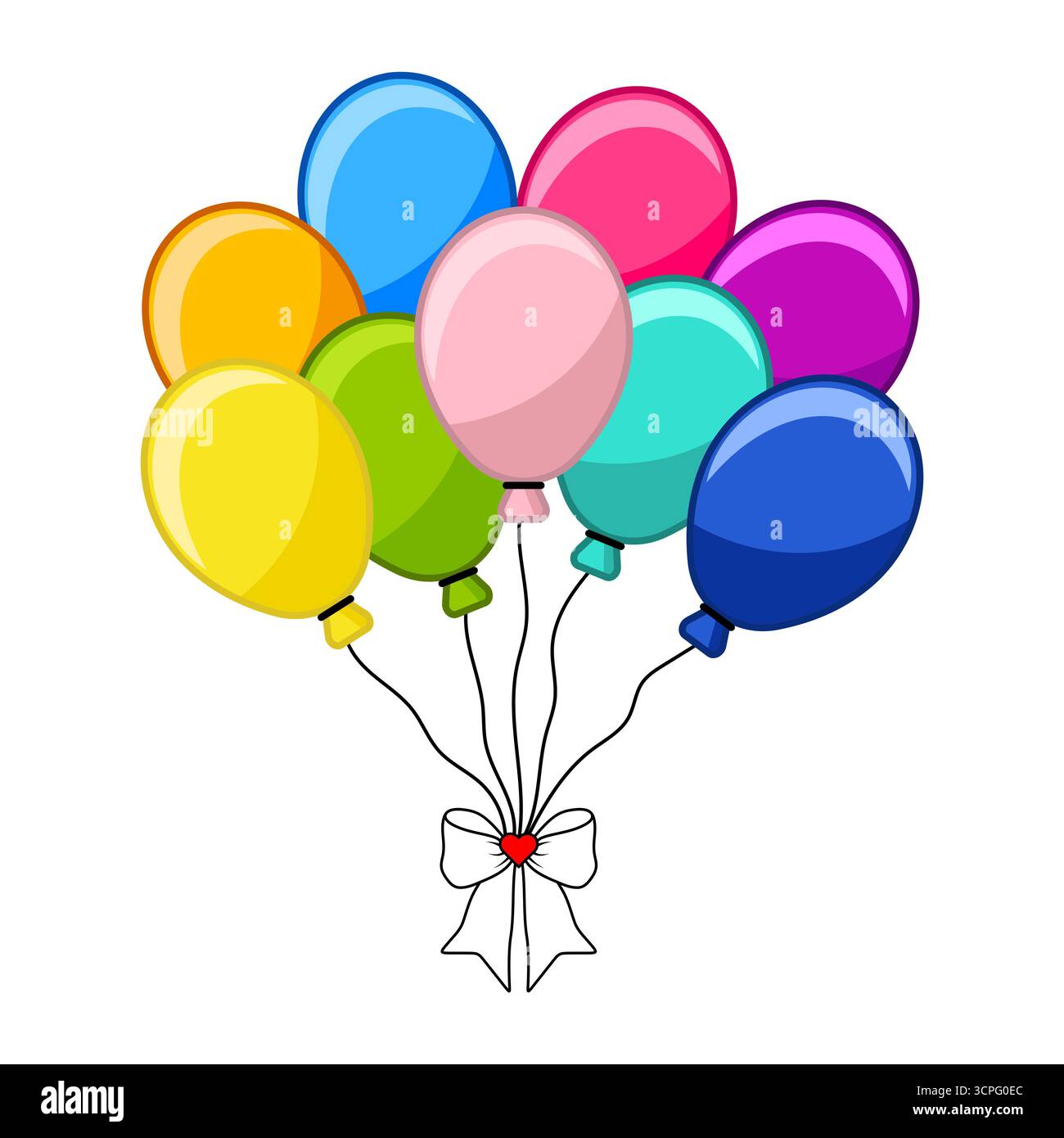 Bouquet de ballon coloré avec ruban. Illustration vectorielle. Un bouquet de ballon festif attaché avec un ruban et un petit coeur rouge au centre. Illustration de Vecteur
