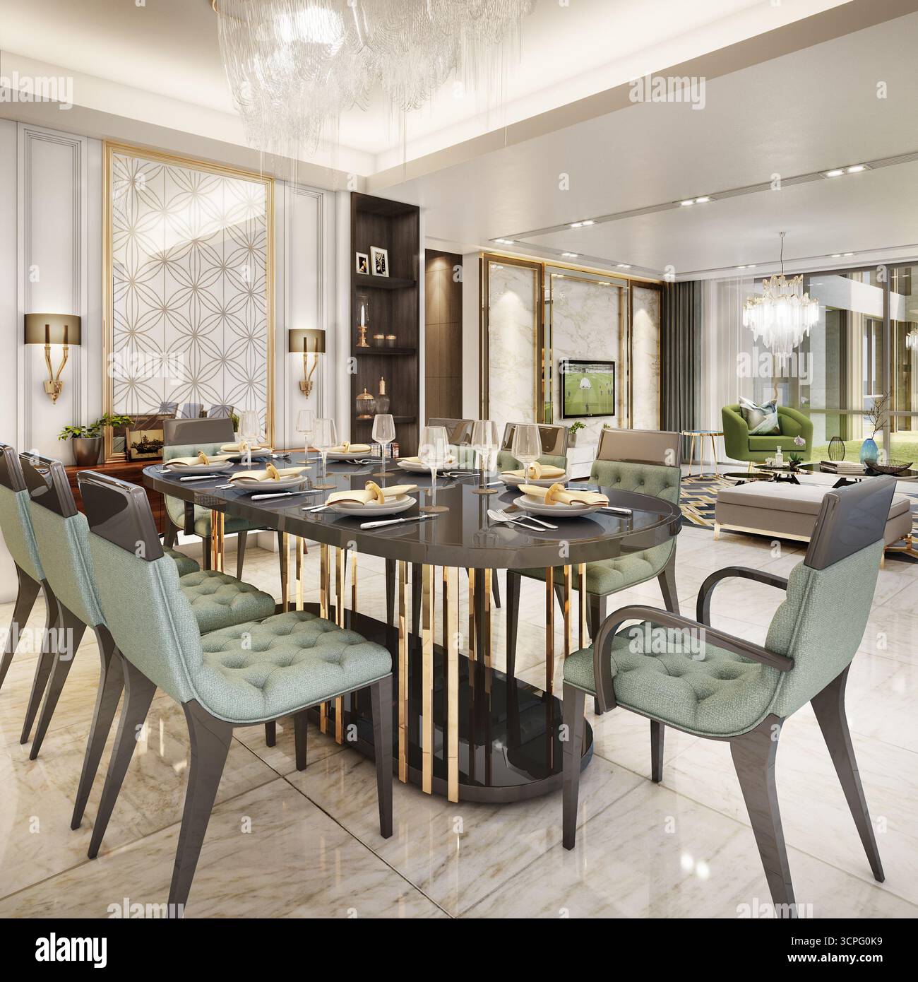 Somptueuse salle à manger de luxe avec chaises contemporaines en velours vert, table noire et dorée et lustre en cristal Banque D'Images