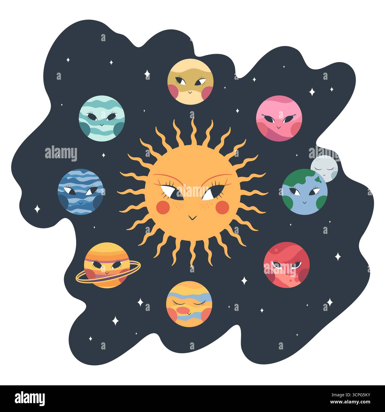 Système solaire de dessin animé en forme ronde. Système solaire abstrait avec de jolies planètes boho, Soleil et Lune. Illustration vectorielle Illustration de Vecteur