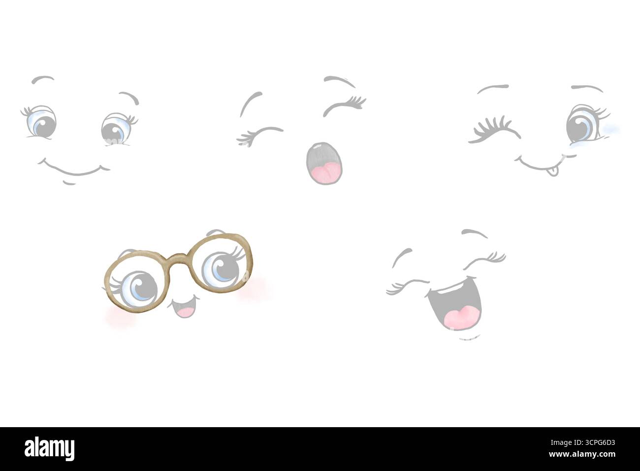 Silhouettes drôles de visages avec des émotions différentes. Illustration aquarelle. Ensemble de visages avec des yeux, souriant, bâillant, dormant, isolé sur bac blanc Banque D'Images