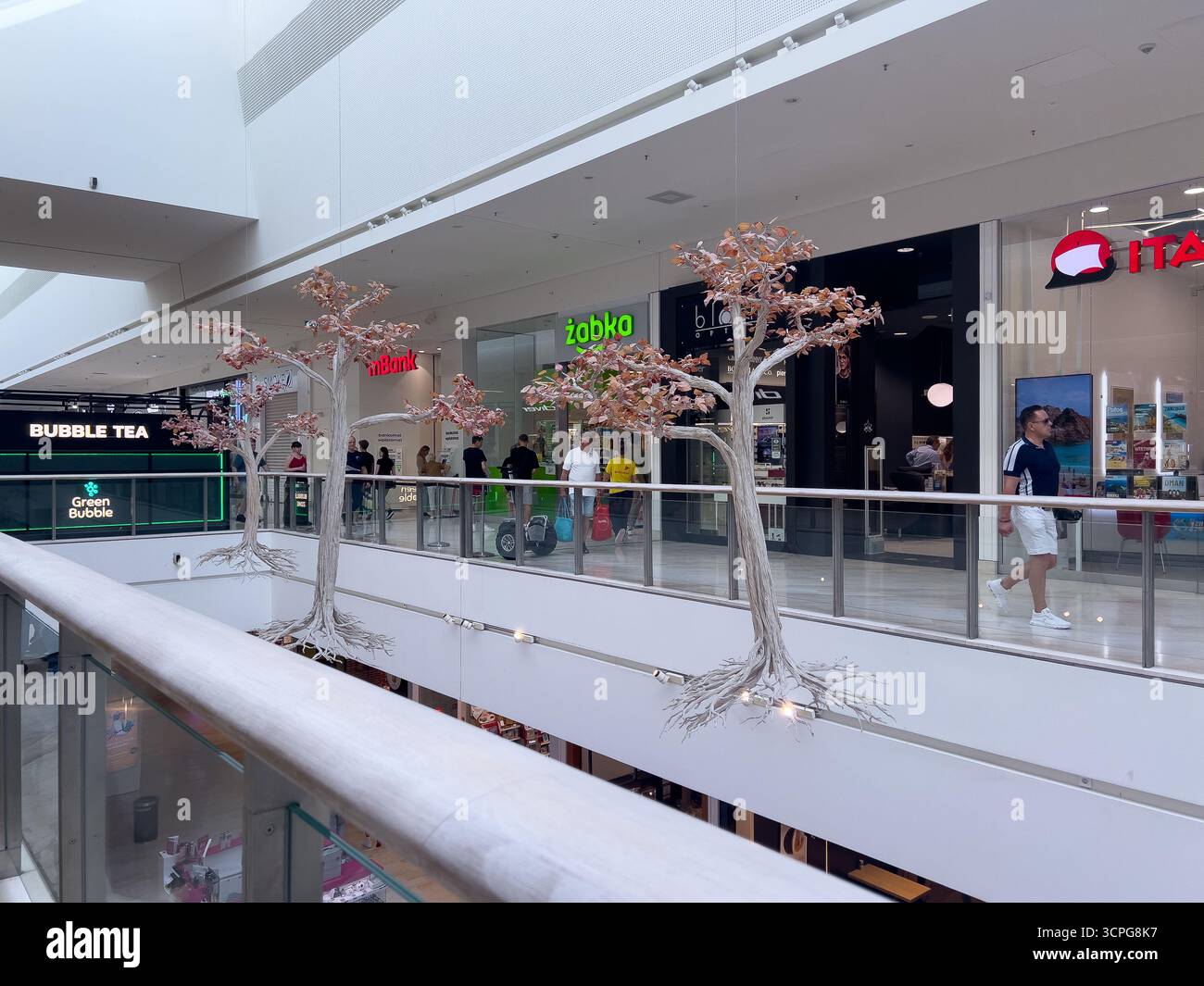 Poznan, Pologne - 20 septembre 2025 : vue sur un atrium spacieux et contemporain d'un complexe commercial avec des arbres suspendus uniques et des gens animés Banque D'Images