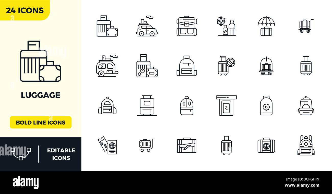 Une collection propre de 24 icônes vectorielles Heavy Line représentant Luggage, conçu en 128x128 PIXELS format parfait pour les tableaux de bord et les interfaces modernes. Illustration de Vecteur