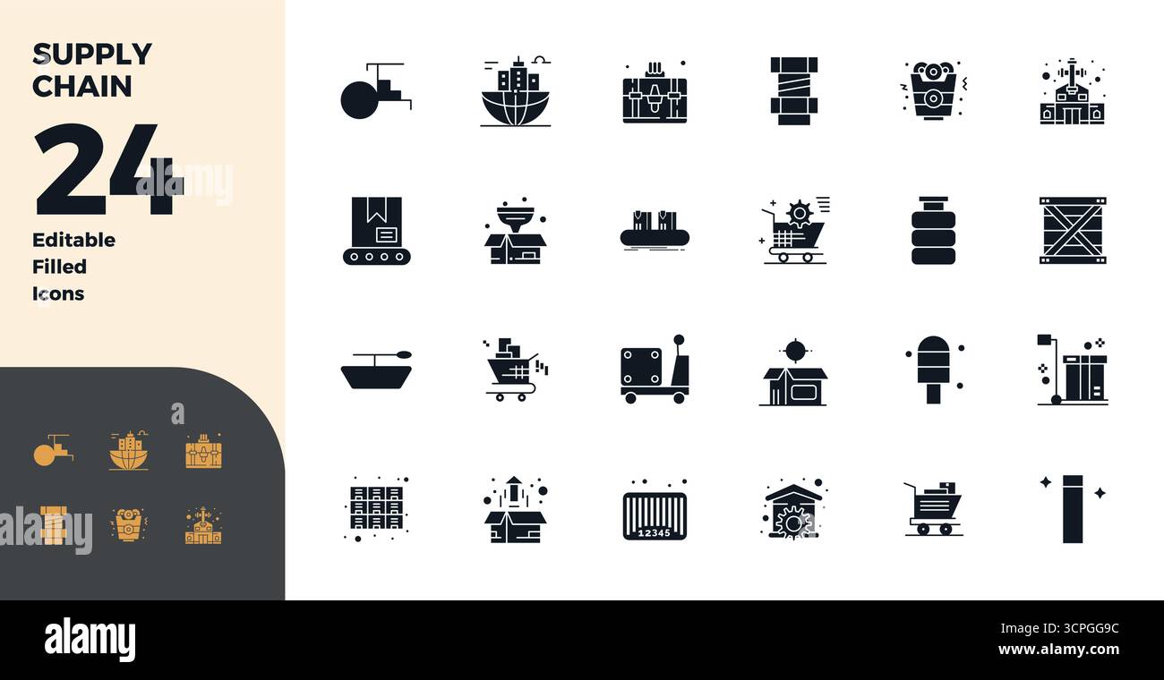 Magistralement créé 24 icônes vectorielles représentant la chaîne d'approvisionnement dans un design rempli de glyphes, avec une résolution parfaite de 128x128 PIXELS pour un visuel exceptionnel Illustration de Vecteur