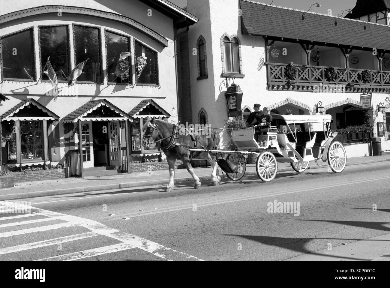 Calèche tirée à Helen, Géorgie, États-Unis, offrant des promenades de mariage et un service de ramassage à l'hôtel. Banque D'Images