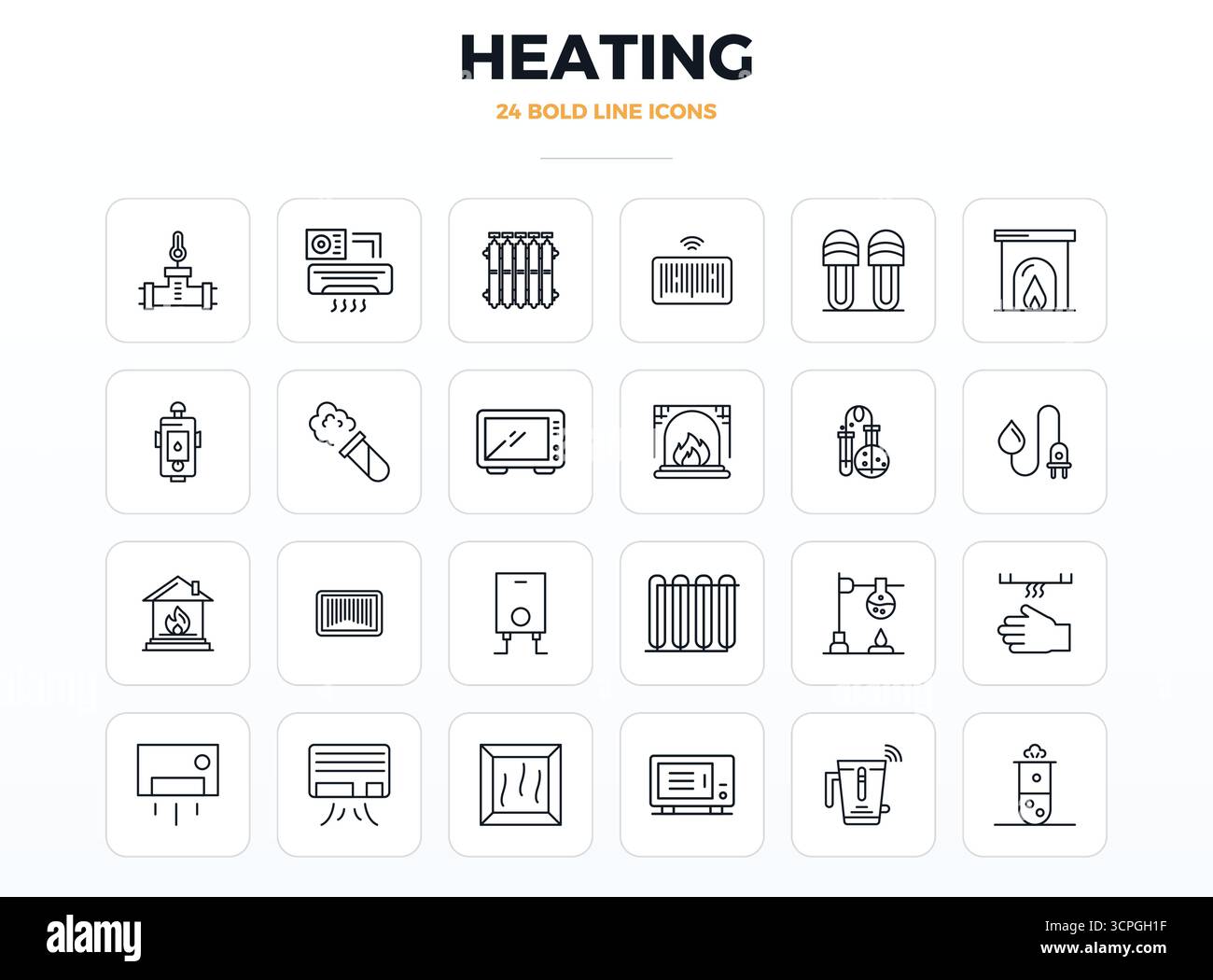 Ensemble révolutionnaire d'icônes vectorielles parfaites de 24 PIXELS inspirées par le chauffage, créé dans le format Strong Outline à une résolution de 128x128 pour un design de pointe Illustration de Vecteur