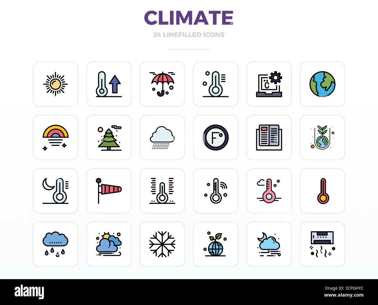 Cette collection comprend 24 icônes vectorielles LineFill PIXEL Perfect adaptées au thème climat, optimisées au format 128x128 pour la conception numérique. Illustration de Vecteur