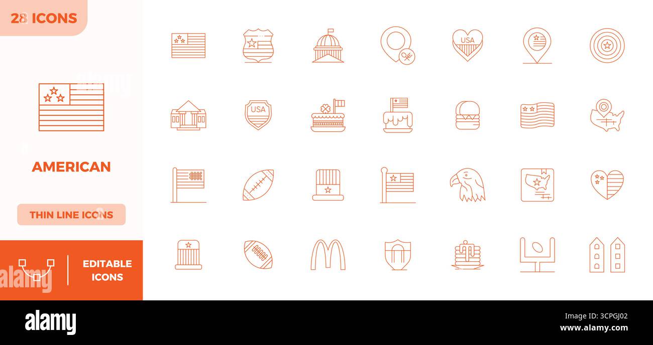 Intelligemment conçu 28 PIXELS icônes vectorielles parfaites inspirées par American, créé dans le format minimal Line à 128x128 pour une conception intelligente et efficace WO Illustration de Vecteur