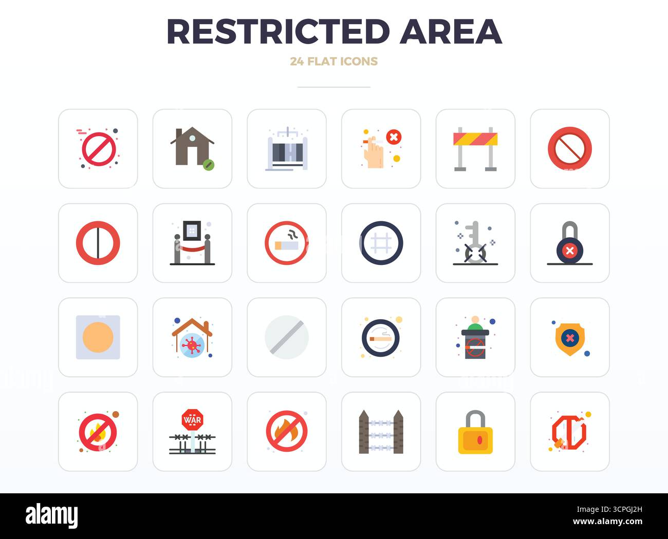 Pack Vector avec 24 icônes minimales Flat PIXEL Perfect inspirées par les zones restreintes, livrées en résolution 128x128 idéale pour les desi évolutifs et créatifs Illustration de Vecteur