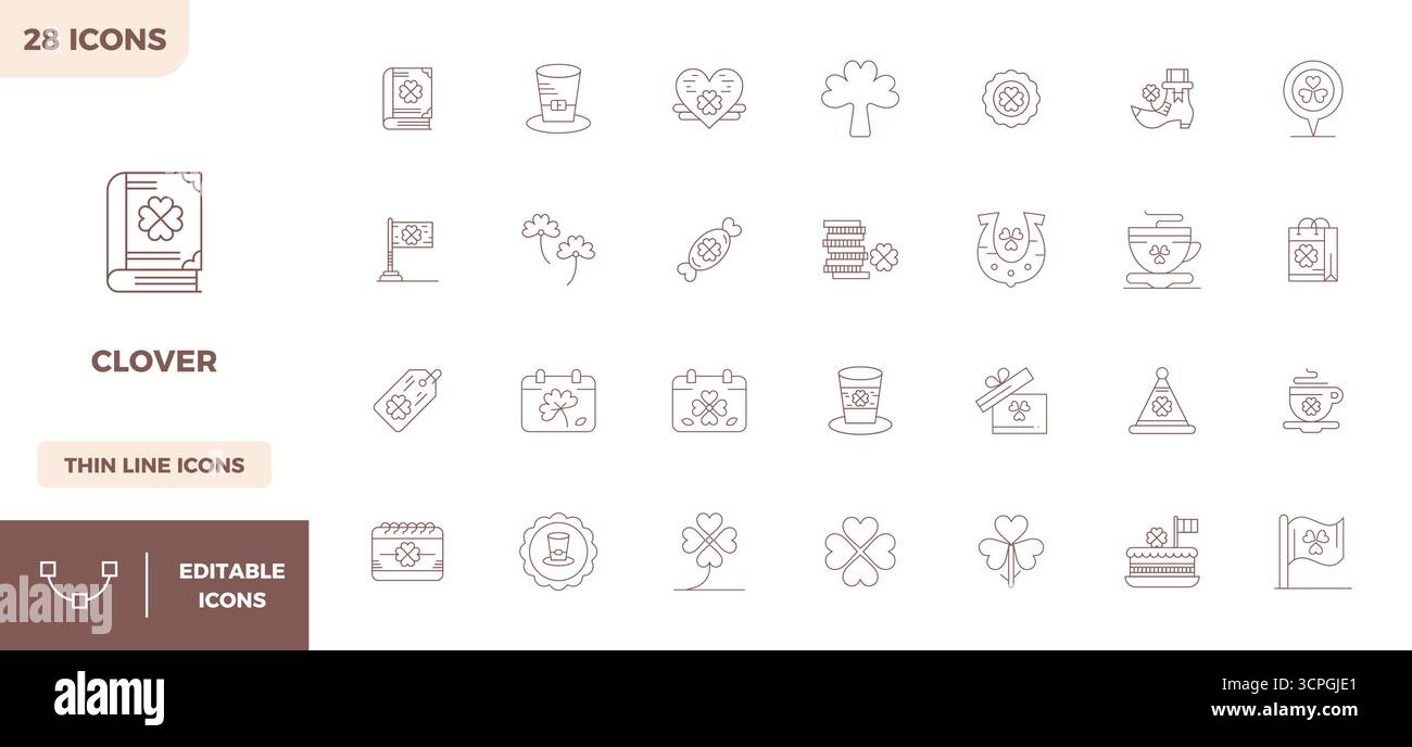 Ensemble sophistiqué de 28 icônes vectorielles de ligne minimale pour Clover, conçu avec 128x128 PIXELS clarté parfaite pour les applications professionnelles. Illustration de Vecteur