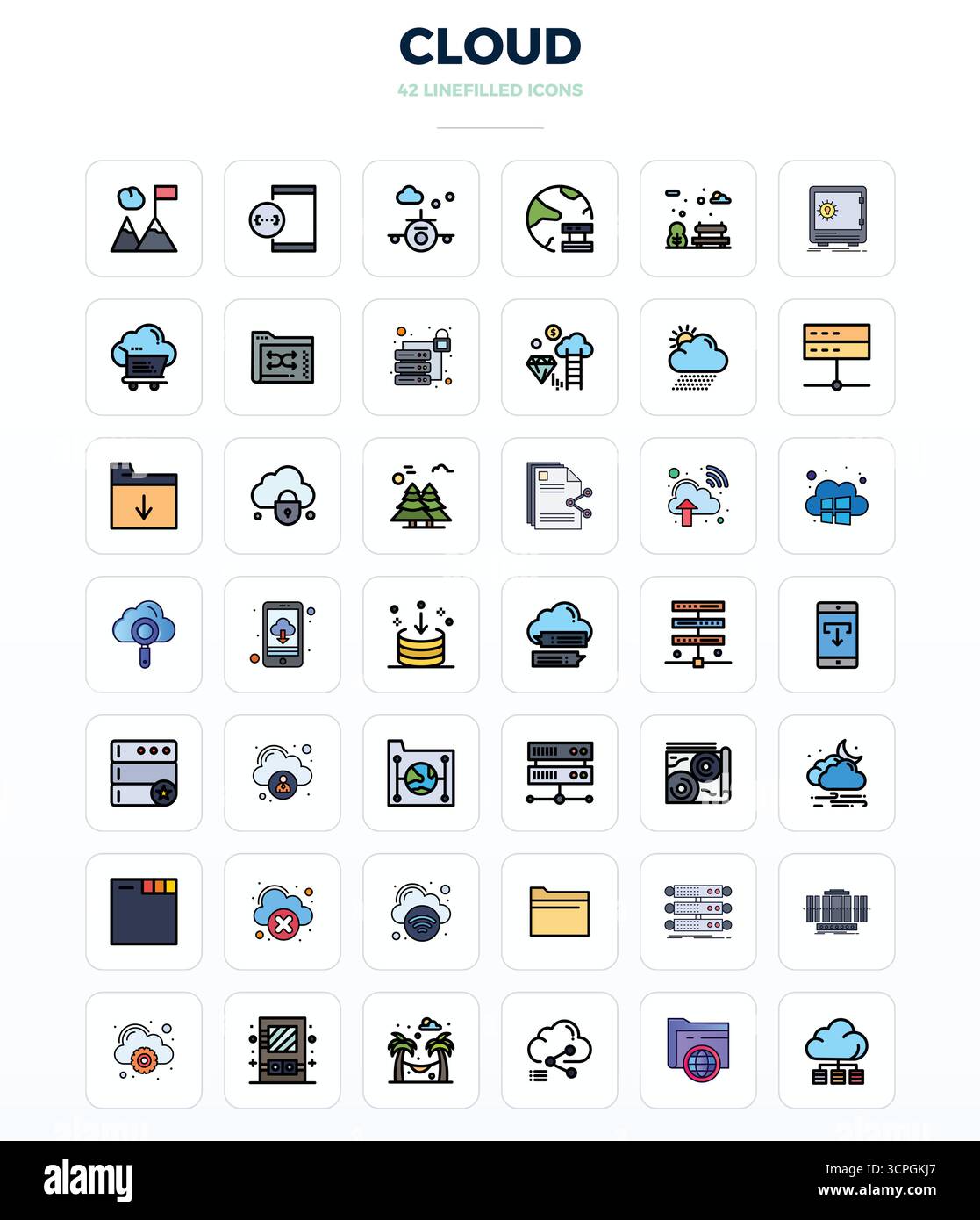 Pack de pointe avec des icônes vectorielles parfaites de 42 PIXELS inspirées par Cloud, créé au format LineFill à 128x128 pour une interface de nouvelle génération Illustration de Vecteur