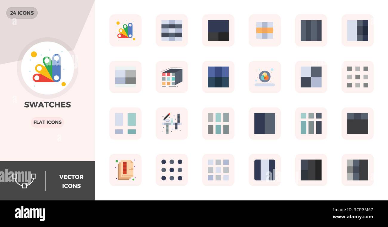 Pack innovant de 24 icônes vectorielles sur le thème de Swatch, présentant un design plat au format parfait 128x128 PIXELS pour les solutions numériques modernes. Illustration de Vecteur