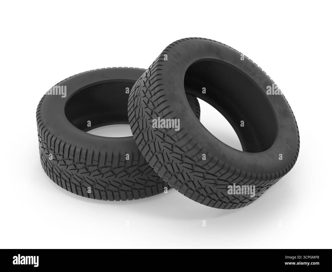Deux pneus noirs isolés sur blanc avec motif de bande de roulement détaillé Banque D'Images