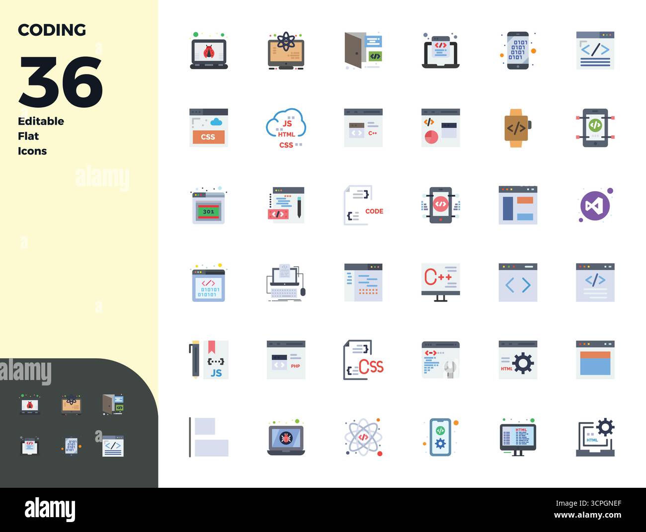 Magnifiquement rendu 36 PIXELS plats icônes vectorielles parfaites pour le codage, créé à une résolution de 128x128 pour une cohérence visuelle étonnante sur toutes les plates-formes. Illustration de Vecteur