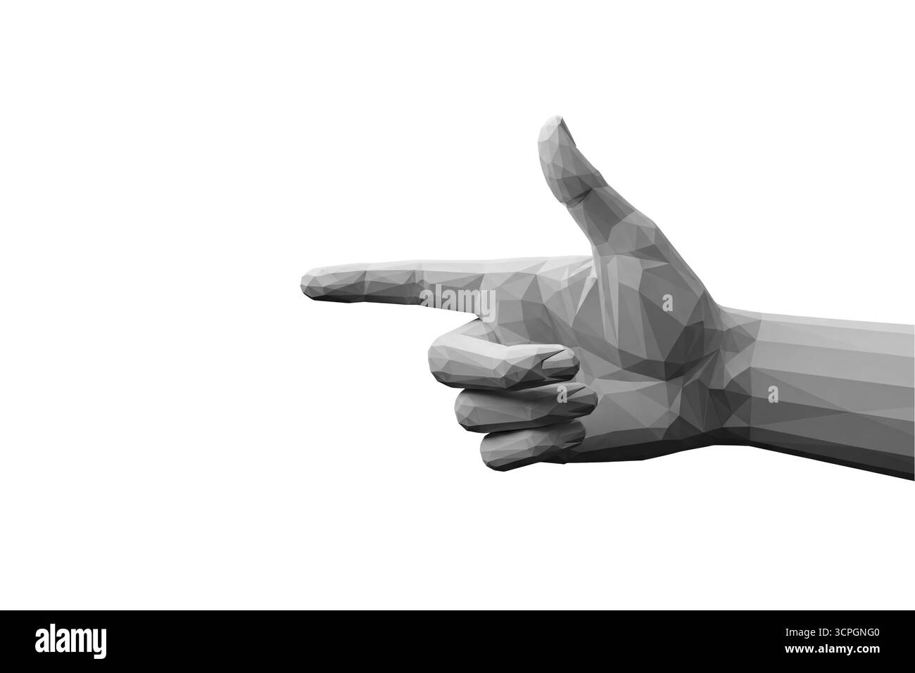 rendu 3d d'une main géométrique basse poly grise formant un geste pointant vers la gauche, isolé sur fond blanc, symbolisant direction, choix, na Banque D'Images