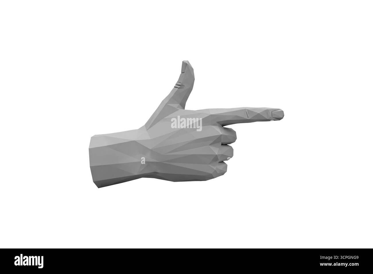 rendu 3d d'une main géométrique basse poly grise formant un geste pointant vers la droite, isolé sur fond blanc, symbolisant la direction, le choix, n Banque D'Images