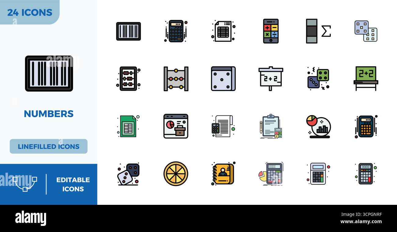 Collection de qualité professionnelle de 24 icônes vectorielles Flat Lineal Color représentant des nombres, conçues avec 128x128 PIXELS précision parfaite pour l'entreprise A. Illustration de Vecteur